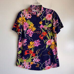 IBKUL Navy Floral Print Short Sleeve 1/4 Zip Mock Neck Sun Top Size Medium